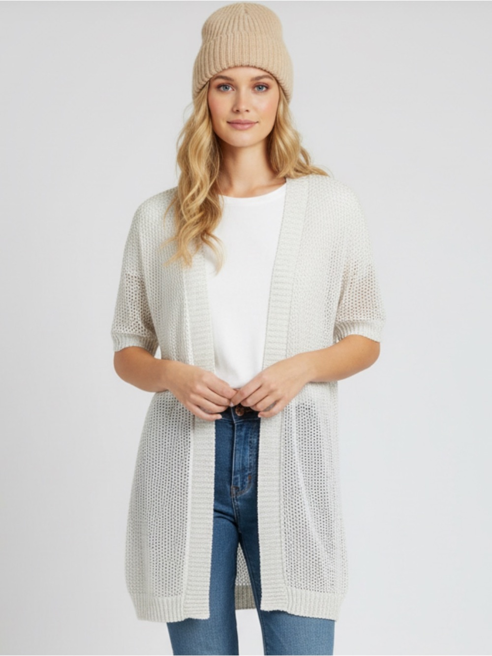 August silk - white and silver open-knit shimmer crewneck sweater